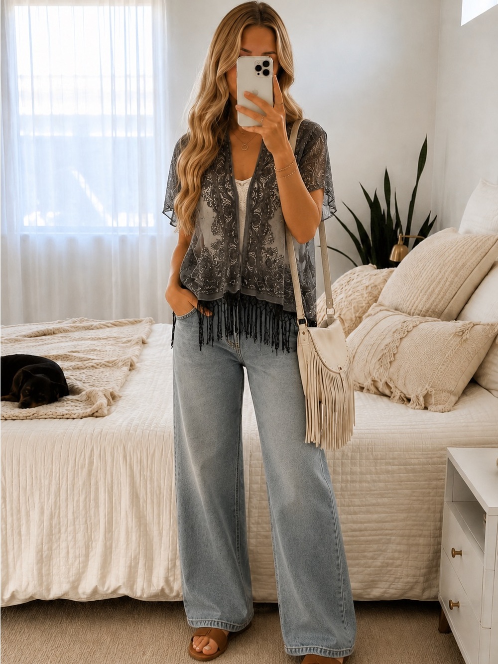Coco + Carmen Gray Crochet Fringe Kimono